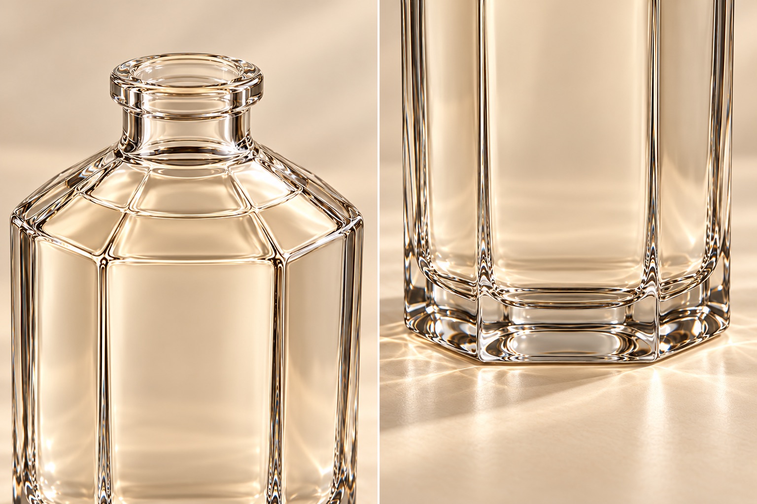 Close-up concept rendering of the faceted glass shoulder and heel of the seven-sided bottle