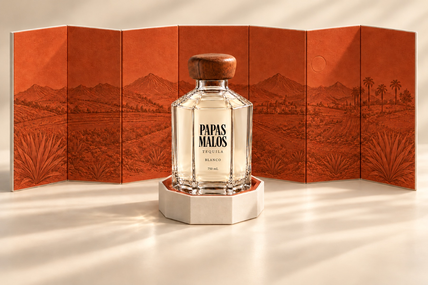 Concept rendering of the seven-sided Papas Malos Blanco bottle with walnut stopper, standing before its open terracotta-printed case