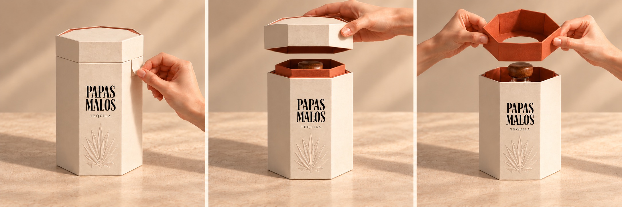 Three-step concept sequence: hands lift the lid of the ivory seven-sided case to reveal the terracotta interior