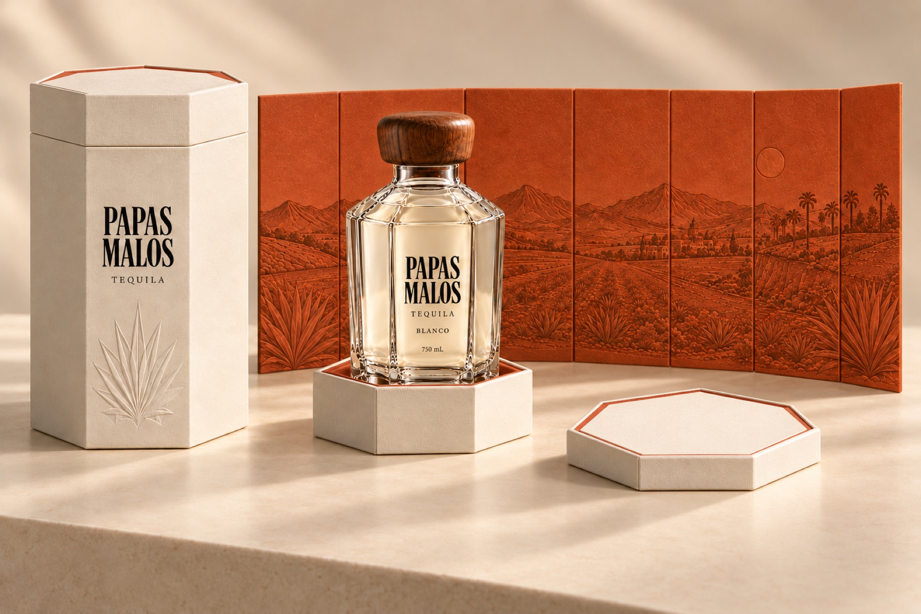 Concept rendering of the Papas Malos bottle with its seven-sided ivory case and unfolded terracotta landscape wrap