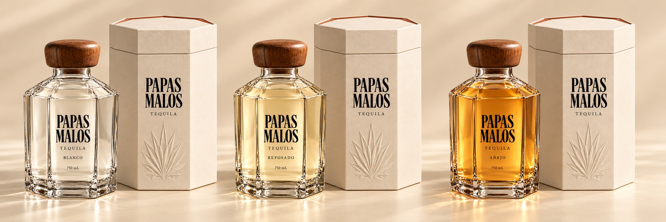 Concept renderings of three seven-sided Papas Malos tequila bottles beside their ivory cases: Blanco with clear liquid, Reposado with golden amber liquid, and Añejo with deep amber liquid